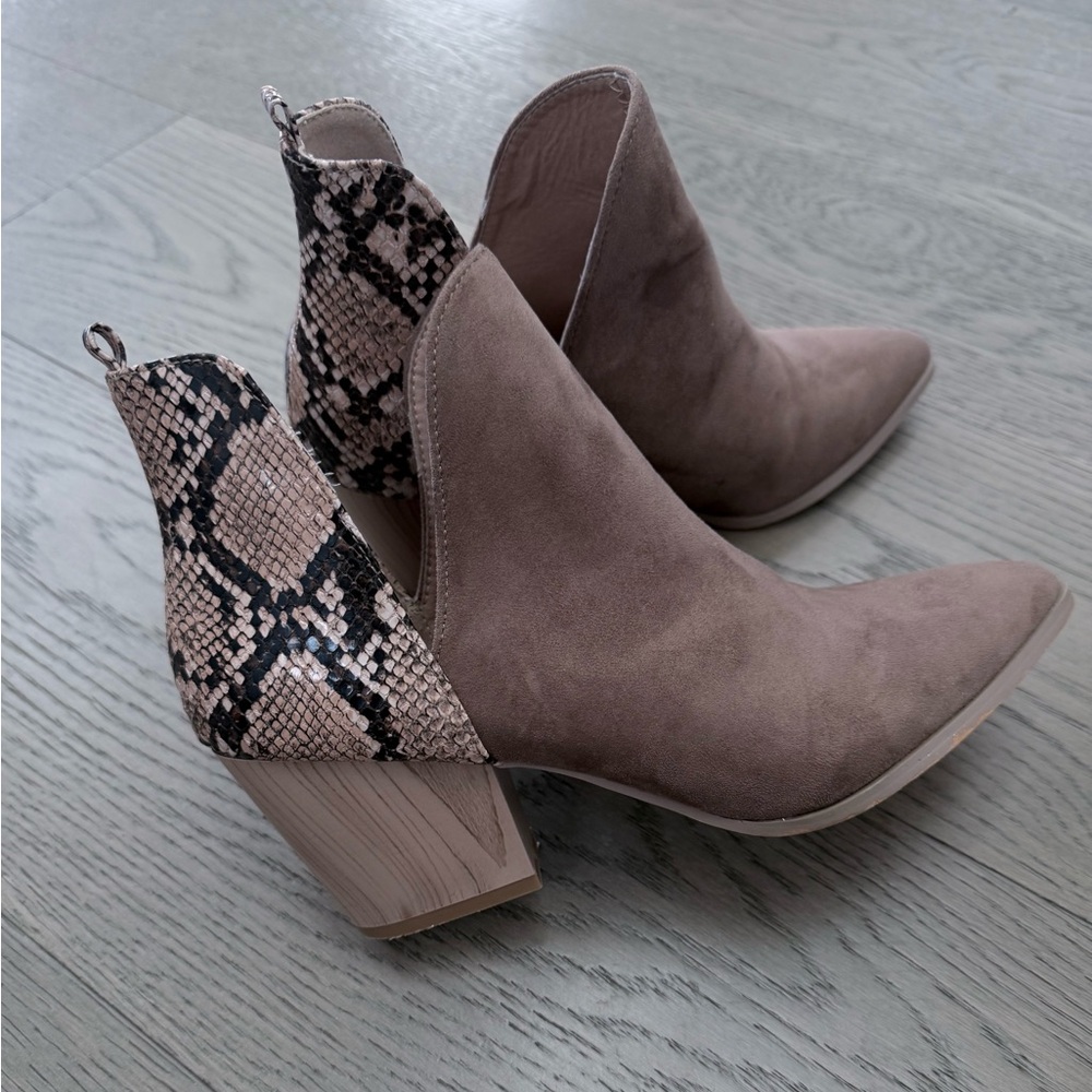 Taupe and Snake Print Ankle Boots